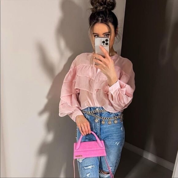 Zara romantic pink lyocell blend ruffle blouse - Picture 3 of 11